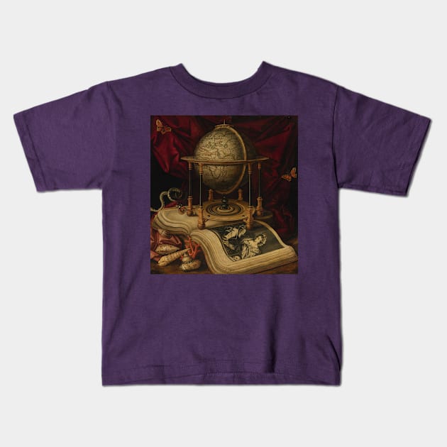 Vanitas Still Life with Celestial Globe, a Book, Shells, a Snake and Butterflies by Carstian Luyckx Kids T-Shirt by Amanda1775